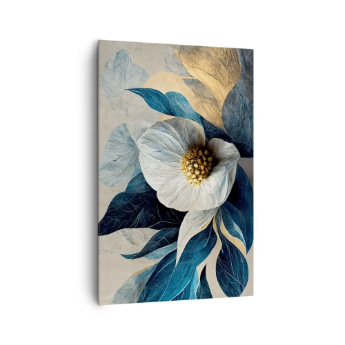 Impression sur toile - Image sur toile - Une fleur aux feuilles bleues sur un fond élégant - 80x120cm - Il a un coeur d'or - Décoration murale moderne pour le salon et la chambre ARTTOR