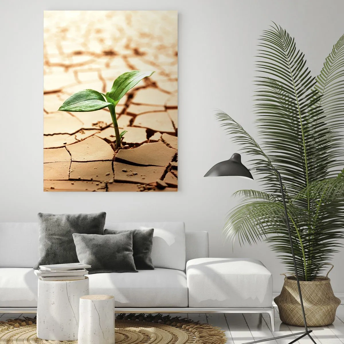 Impression sur verre - Image sur verre - Une plante verte poussant sur une terre sèche et craquelée - 80x120cm - La force indomptable de la vie - Décoration murale moderne pour le salon et la chambre ARTTOR