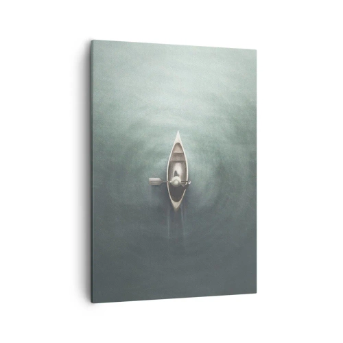 Impression sur toile - Image sur toile - Un bateau solitaire sur une eau calme dans un décor minimaliste - 50x70cm - À travers le lac de la lune - Décoration murale moderne pour le salon et la chambre ARTTOR