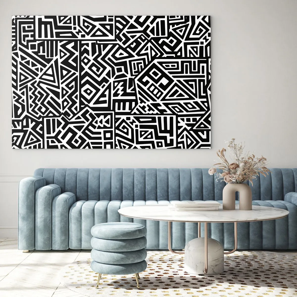 Impression sur verre - Image sur verre - Motif noir et blanc inspiré de l'art tribal - 70x50cm - Composition précolombienne - Décoration murale moderne pour le salon et la chambre ARTTOR