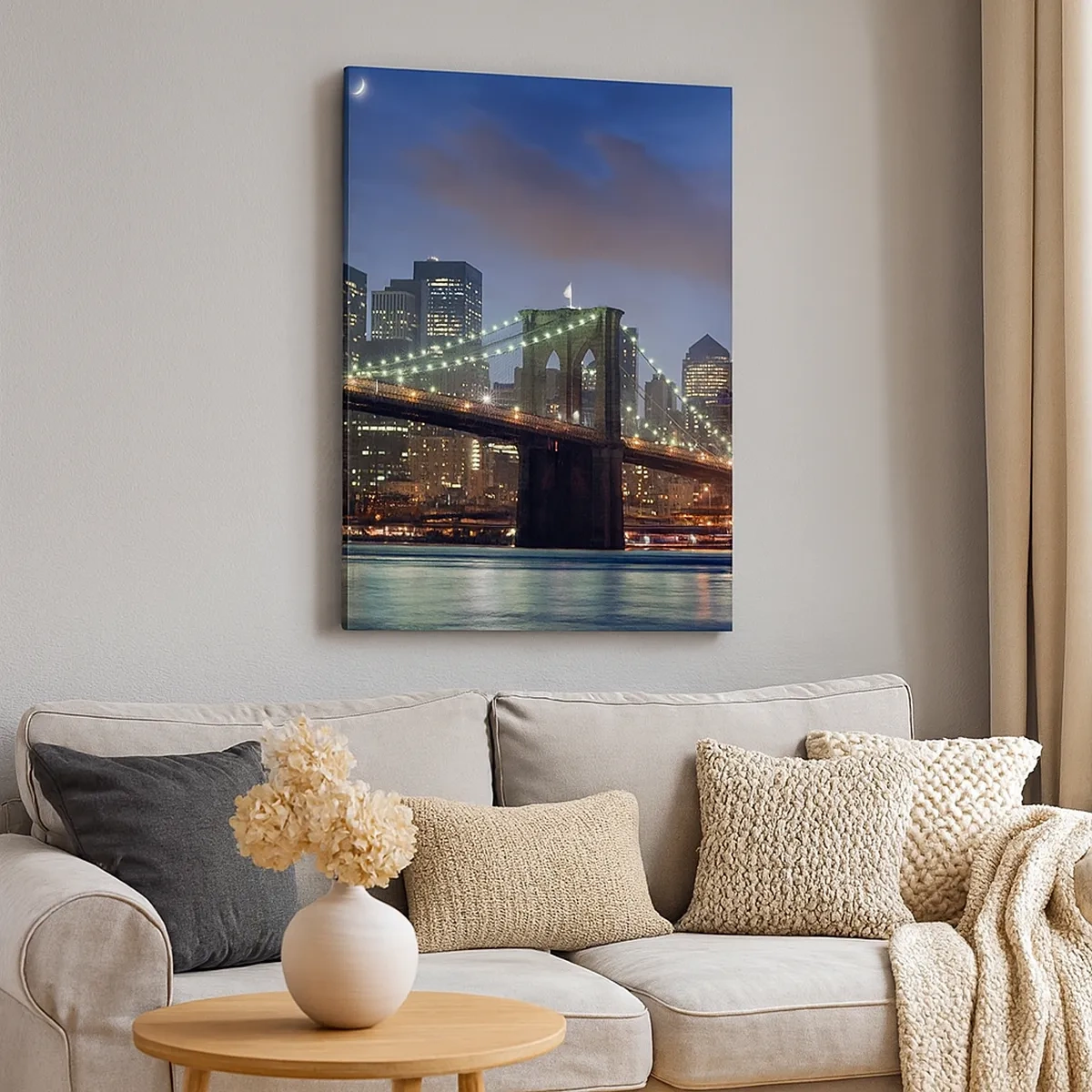 Impression sur toile - Image sur toile - Pont de New York la nuit avec bâtiments illuminés - 50x70cm - Nuit rougeoyante - Décoration murale moderne pour le salon et la chambre ARTTOR