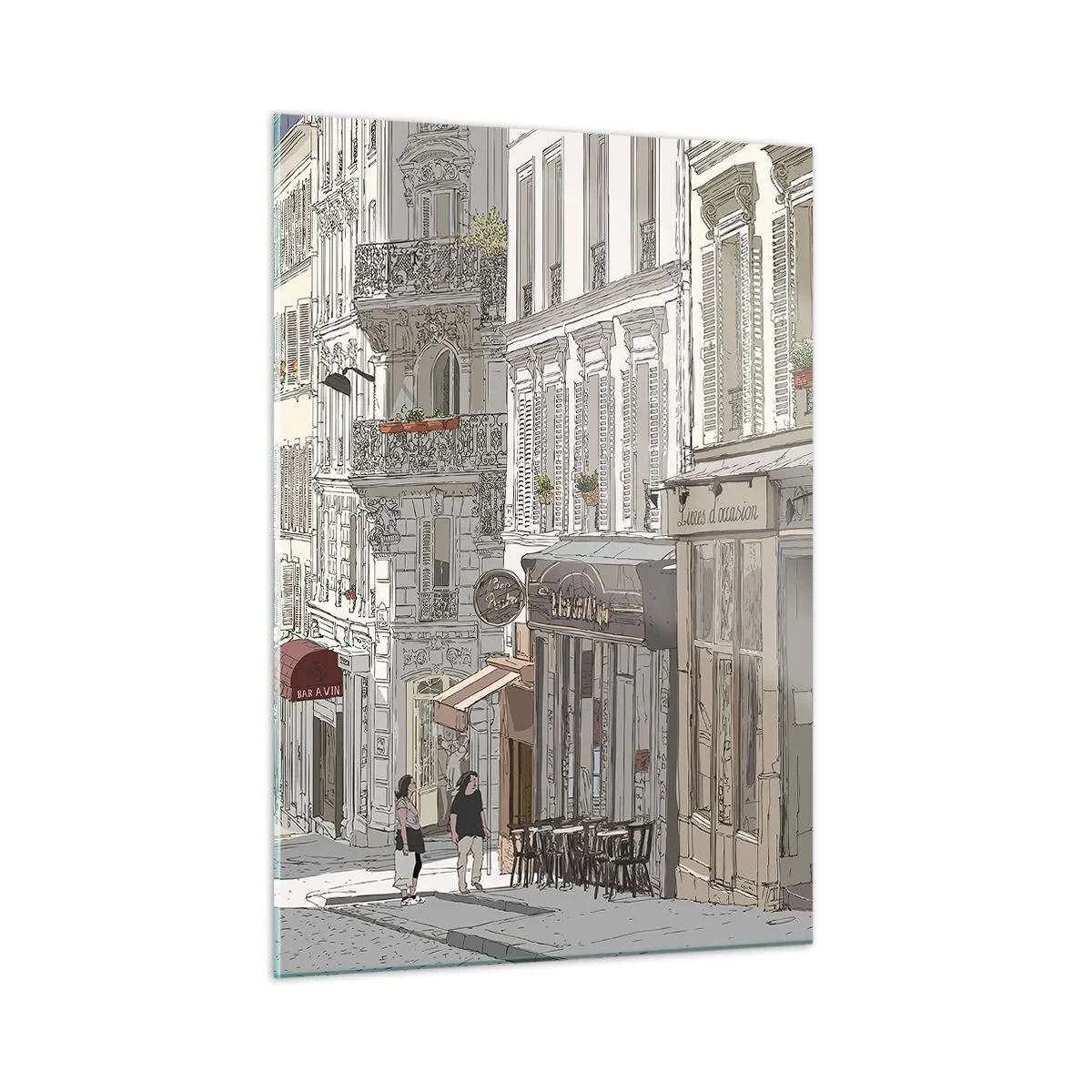 Impression sur verre - Image sur verre - Une rue avec des cafés dans un style urbain artistique - 50x70cm - Joie de la ville - Décoration murale moderne pour le salon et la chambre ARTTOR