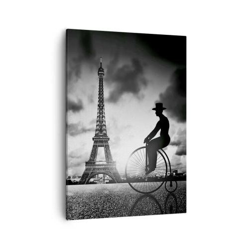 Impression sur toile - Image sur toile - Image en noir et blanc d'un vélo rétro avec la tour Eiffel en arrière-plan - 50x70cm - Nostalgie de la Belle Epoque - Décoration murale moderne pour le salon et la chambre ARTTOR