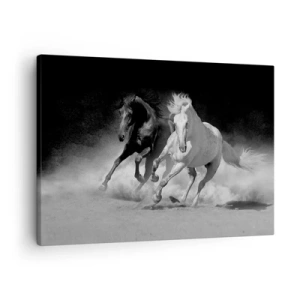 Impression sur toile - Image sur toile - Chevaux au galop en noir et blanc - 70x50cm - Galop de la liberté - Décoration murale moderne pour le salon et la chambre ARTTOR