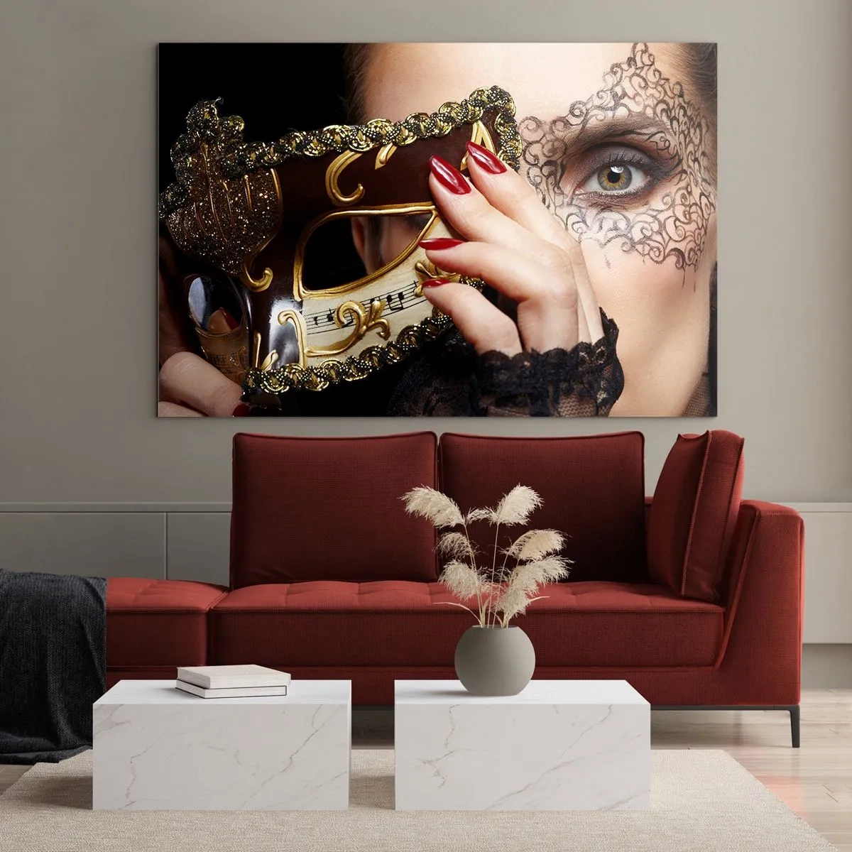 Impression sur verre - Image sur verre - Un masque vénitien doré sur le visage d'une femme - 100x70cm - Mon monde est baroque - Décoration murale moderne pour le salon et la chambre ARTTOR