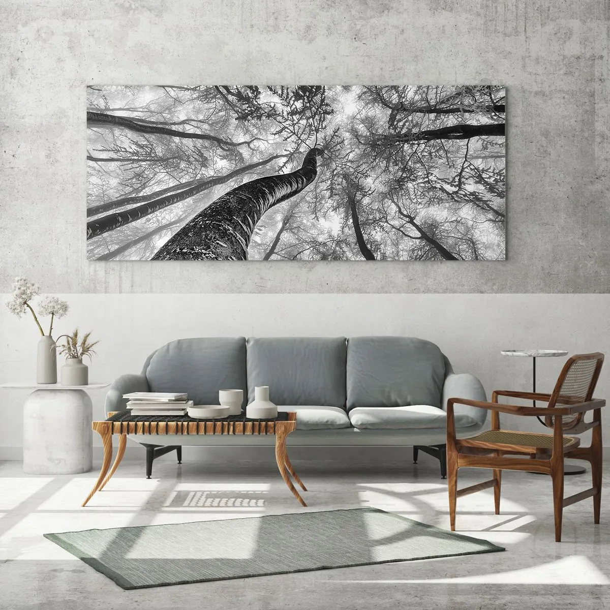 Impression sur verre - Image sur verre - Perspective d'arbres dans une forêt vue d'en bas en nuances de gris - 160x50cm - Course vers la lumière - Décoration murale moderne pour le salon et la chambre ARTTOR