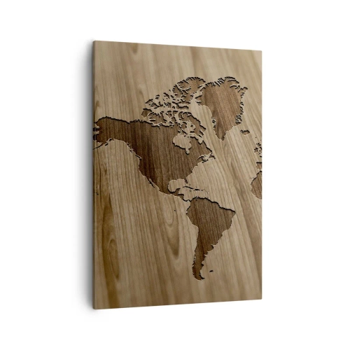 Impression sur toile - Image sur toile - Une carte du monde découpée sur une surface en bois - 50x70cm - Le monde est sur la table - Décoration murale moderne pour le salon et la chambre ARTTOR