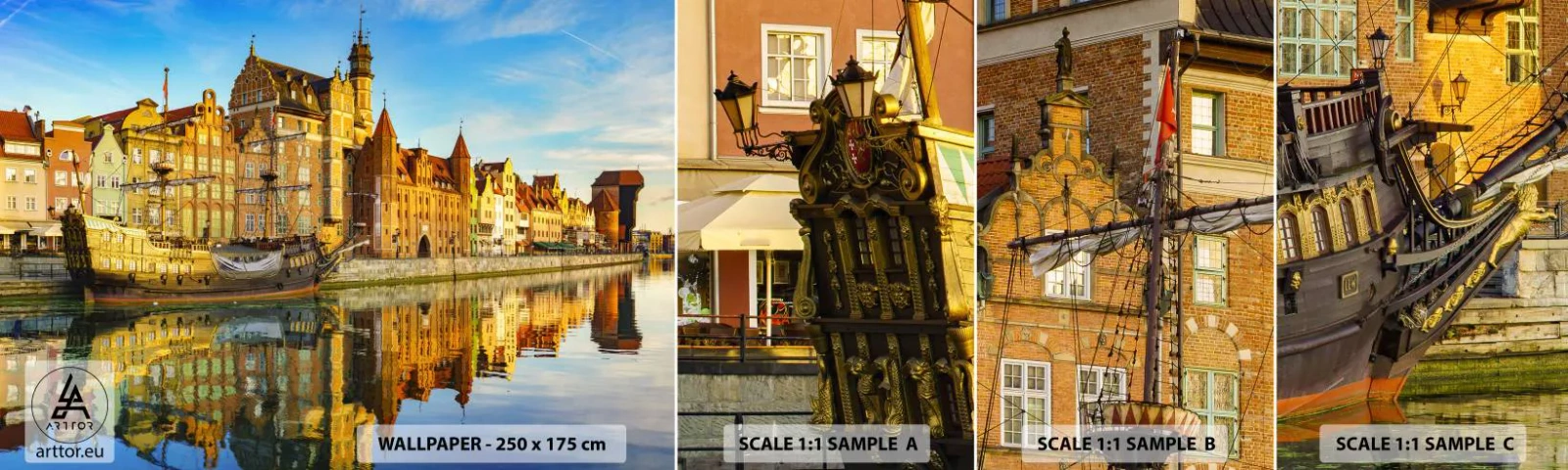 Échantillon de Papier Peint Autocollant Deluxe Sticker - Reflet dans le miroir du passé - Ville, Gdańsk, Architecture - 100x30 cm