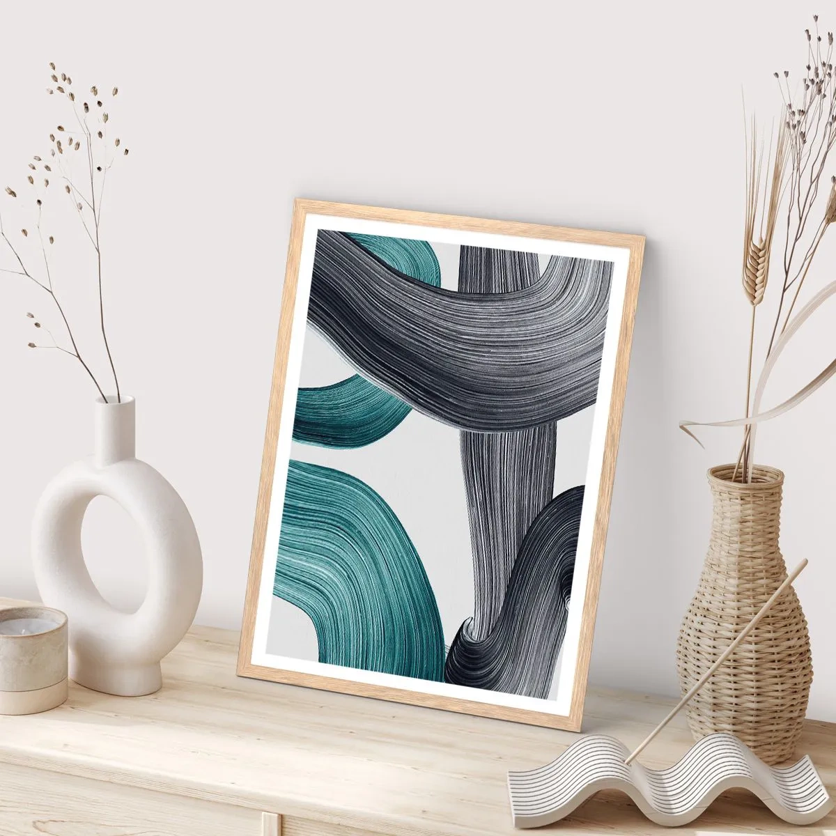 Affiche dans un chêne clair - Poster - Sentiers émeraude et noirs - 70x100 cm