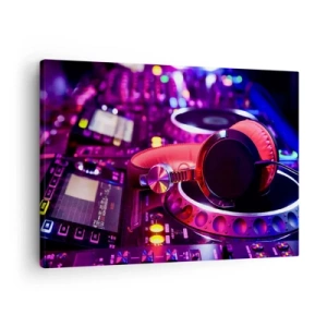 Impression sur toile - Image sur toile - Casque DJ sur une console avec éclairage néon - 70x50cm - Avant que le plaisir ne commence - Décoration murale moderne pour le salon et la chambre ARTTOR