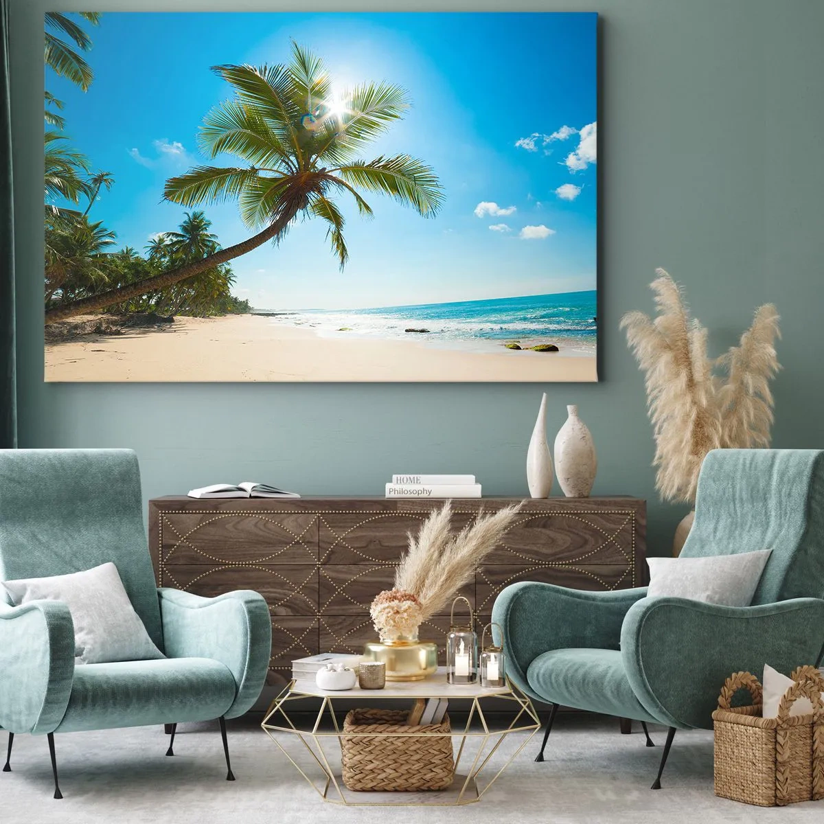 Impression sur toile - Image sur toile - Une plage avec des palmiers dans un paysage tropical - 100x70cm - Ne rien montrer à personne - Décoration murale moderne pour le salon et la chambre ARTTOR