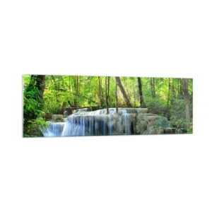 Impression sur verre - Image sur verre - Une cascade parmi des arbres verts avec de l'eau bleue dans un cadre naturel - 160x50cm - Se noyer dans le turquoise et le vert - Décoration murale moderne pour le salon et la chambre ARTTOR