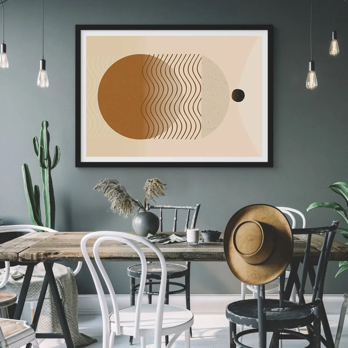 Affiche dans un cadre noir - Poster - Abstraction géométrique avec des cercles et des lignes ondulées aux couleurs chaudes. - 100x70cm - Sur l'origine des figures géométriques - Décoration murale moderne pour le salon et la chambre ARTTOR