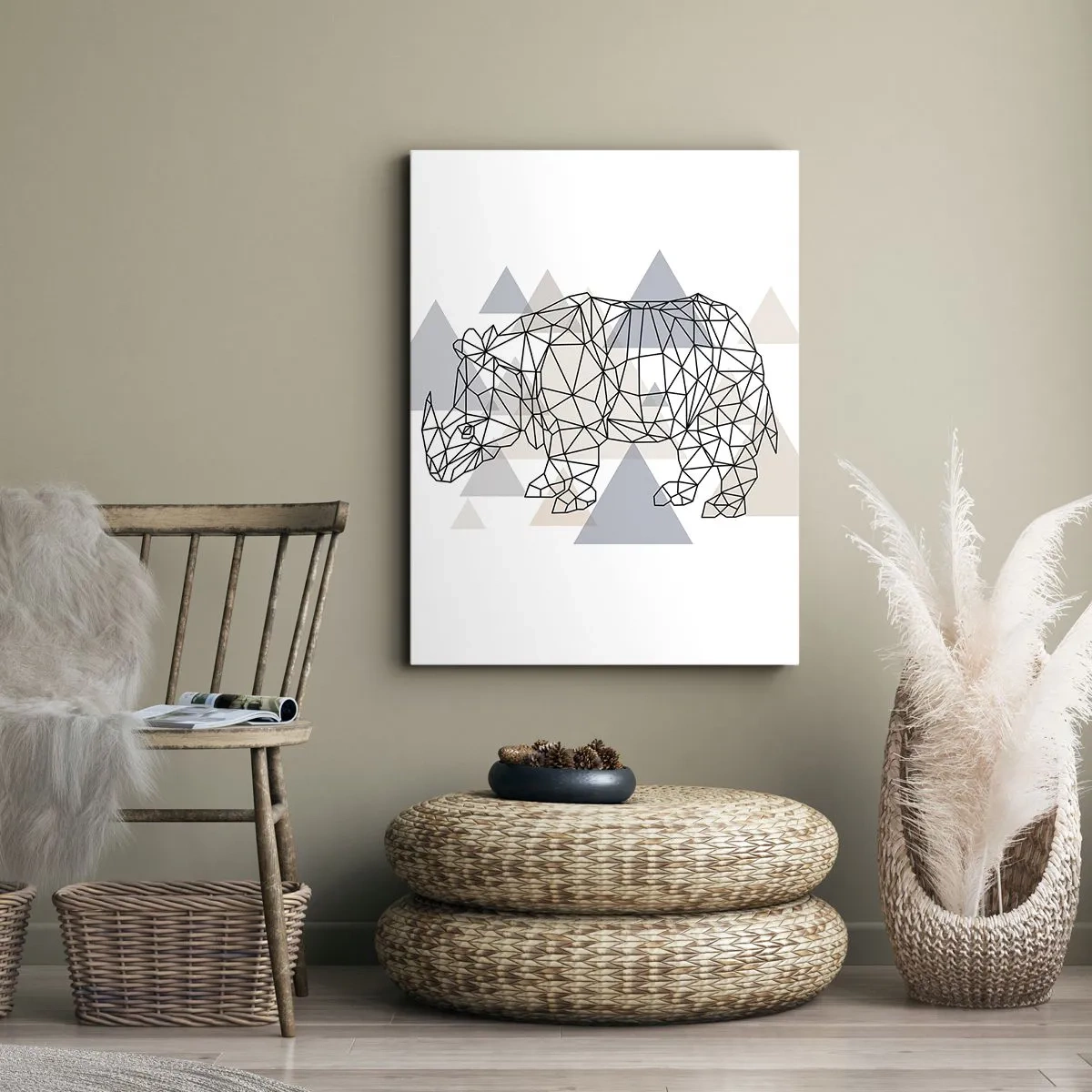 Impression sur toile - Image sur toile - Rhinocéros géométrique sur fond de triangles délicats - 80x120cm - Structure de force - Décoration murale moderne pour le salon et la chambre ARTTOR