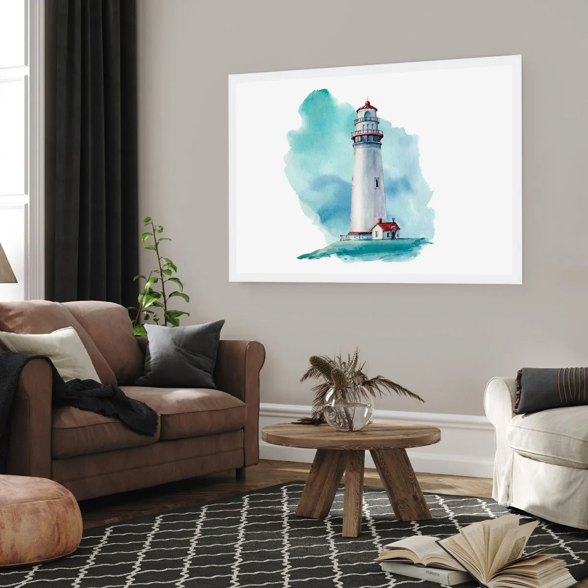 Affiche - Poster - Un phare sur un fond bleu aquarelle - 100x70cm - La douce sœur du bleu - Décoration murale moderne pour le salon et la chambre ARTTOR