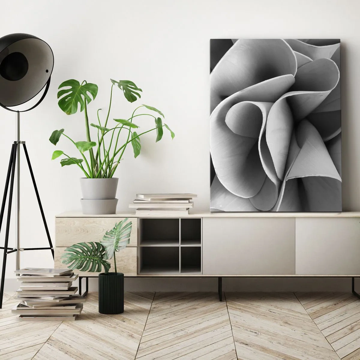Impression sur toile - Image sur toile - Détails en noir et blanc de formes abstraites - 80x120cm - Il s'en passe dans l'espace - Décoration murale moderne pour le salon et la chambre ARTTOR