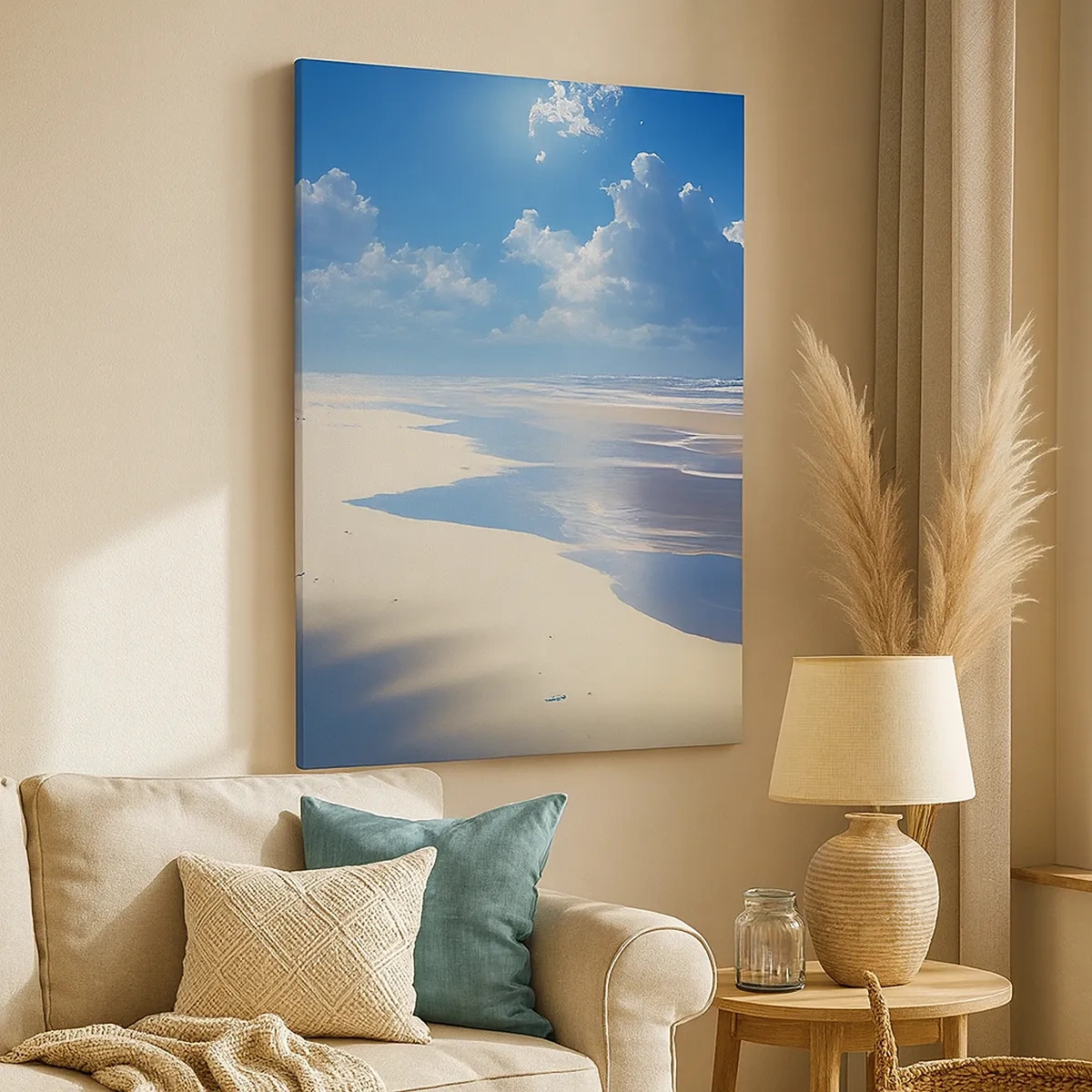 Impression sur toile - Image sur toile - Une plage de sable avec des vagues sous un ciel bleu - 50x70cm - Des vacances paradisiaques - Décoration murale moderne pour le salon et la chambre ARTTOR
