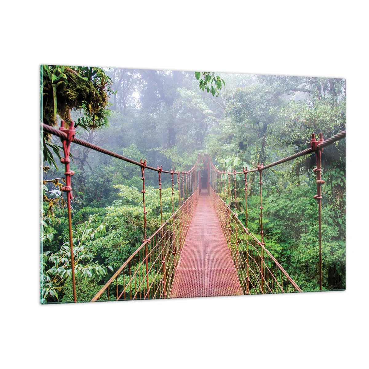 Impression sur verre - Image sur verre - Un pont suspendu rouge au-dessus d'une jungle verte dans le brouillard - 120x80cm - Suspendu sur les couronnes - Décoration murale moderne pour le salon et la chambre ARTTOR