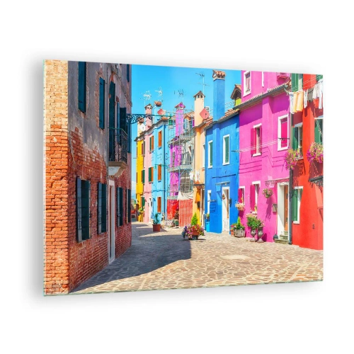 Impression sur verre - Image sur verre - Bâtiments colorés dans une rue étroite d'une ville ensoleillée - 70x50cm - Ville "Sous les perroquets" - Décoration murale moderne pour le salon et la chambre ARTTOR