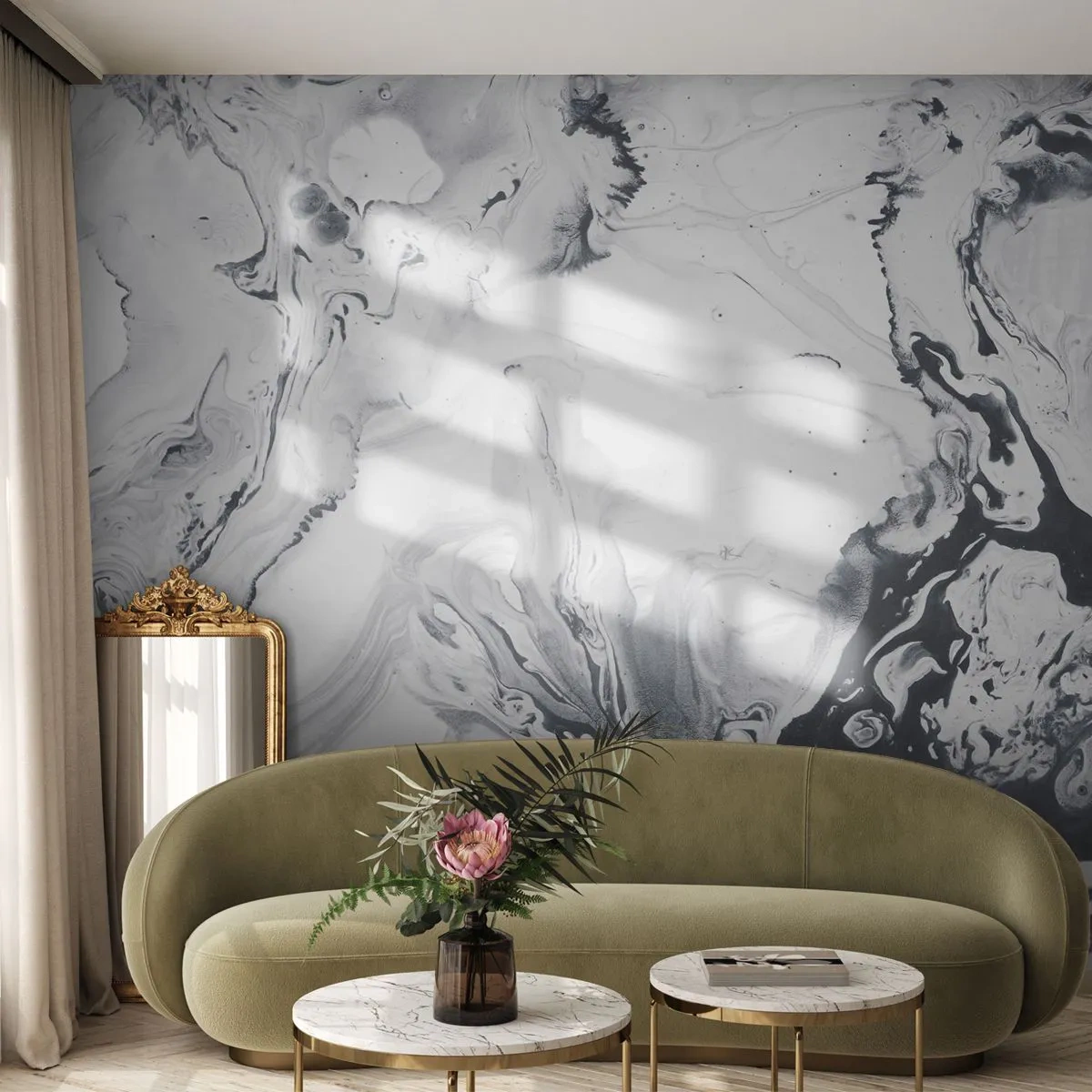 Papier Peint Photo Premium Sand - Motifs abstraits en marbre en noir et blanc avec une structure fluide - 100x70cm - Au centre de la Terre - Décoration murale moderne pour le salon et la chambre ARTTOR