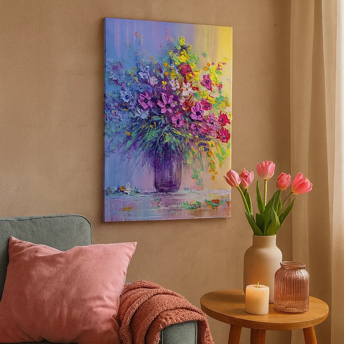 Impression sur toile - Image sur toile - Un bouquet de fleurs colorées dans un vase sur un fond dégradé - 50x70cm - Cadeau d'été de la prairie - Décoration murale moderne pour le salon et la chambre ARTTOR