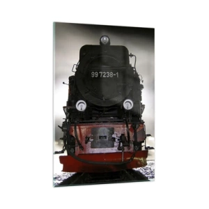 Impression sur verre - Image sur verre - Une locomotive à vapeur entourée de vapeur sur un ciel sombre dans un décor atmosphérique - 80x120cm - Il se lève et siffle, halète et souffle - Décoration murale moderne pour le salon et la chambre ARTTOR