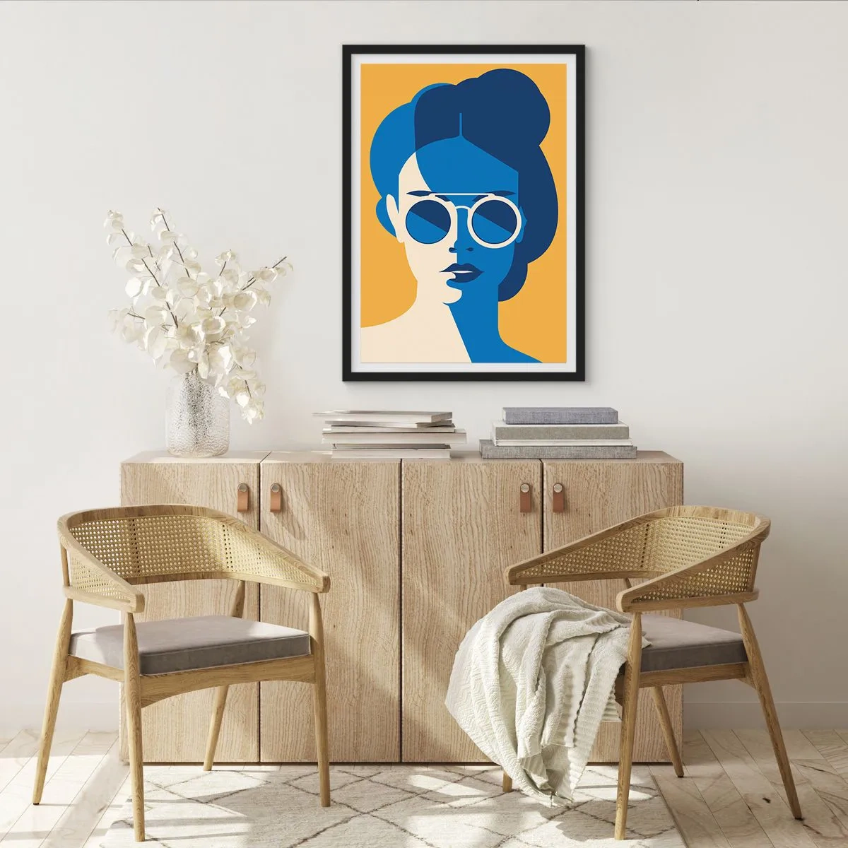 Affiche dans un cadre noir - Poster - Portrait abstrait d'une femme portant des lunettes de soleil - 50x70cm - Look de vacances - Décoration murale moderne pour le salon et la chambre ARTTOR
