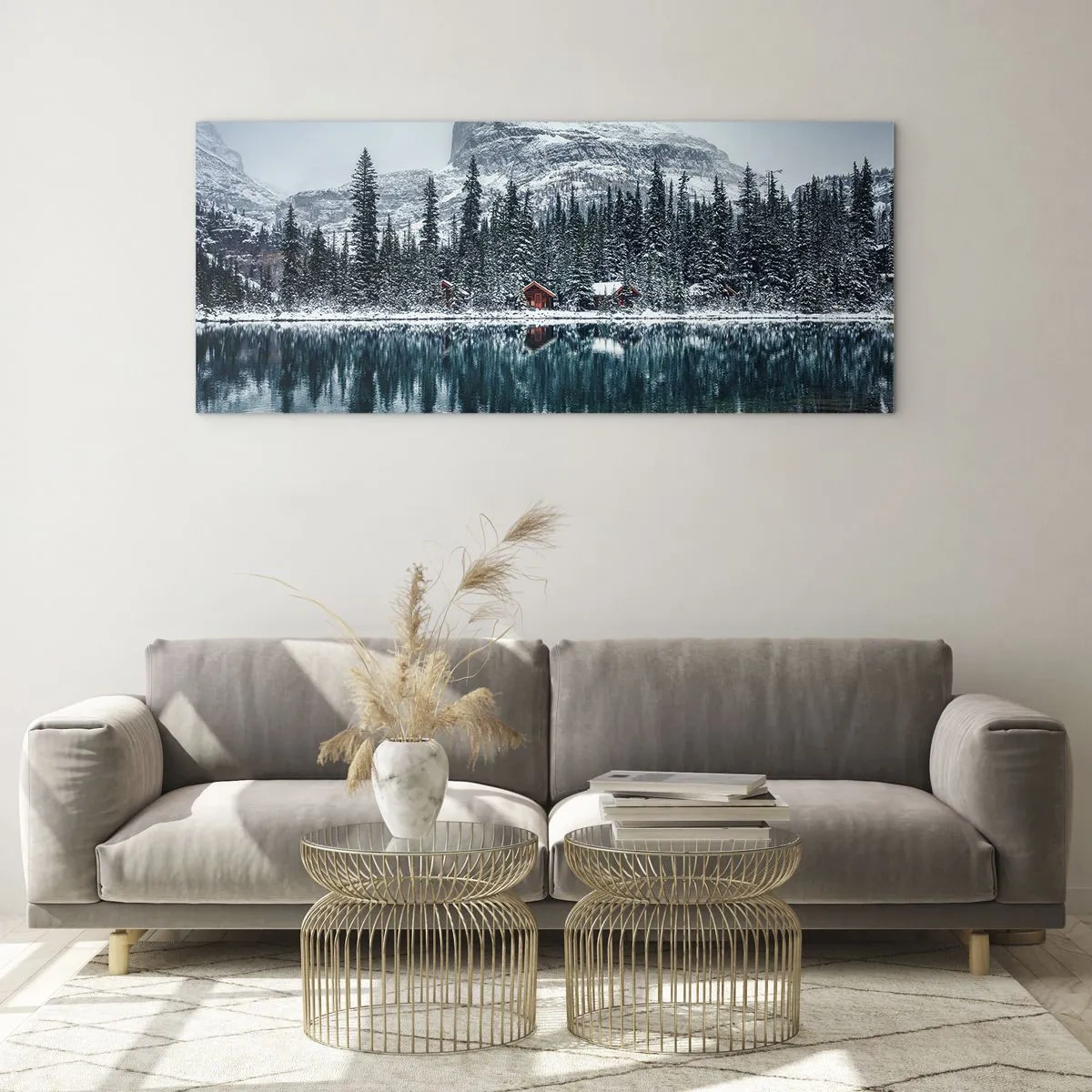 Impression sur verre - Image sur verre - Paysage d'hiver avec des chalets dans la forêt au bord d'un lac gelé - 120x50cm - Retraite canadienne - Décoration murale moderne pour le salon et la chambre ARTTOR