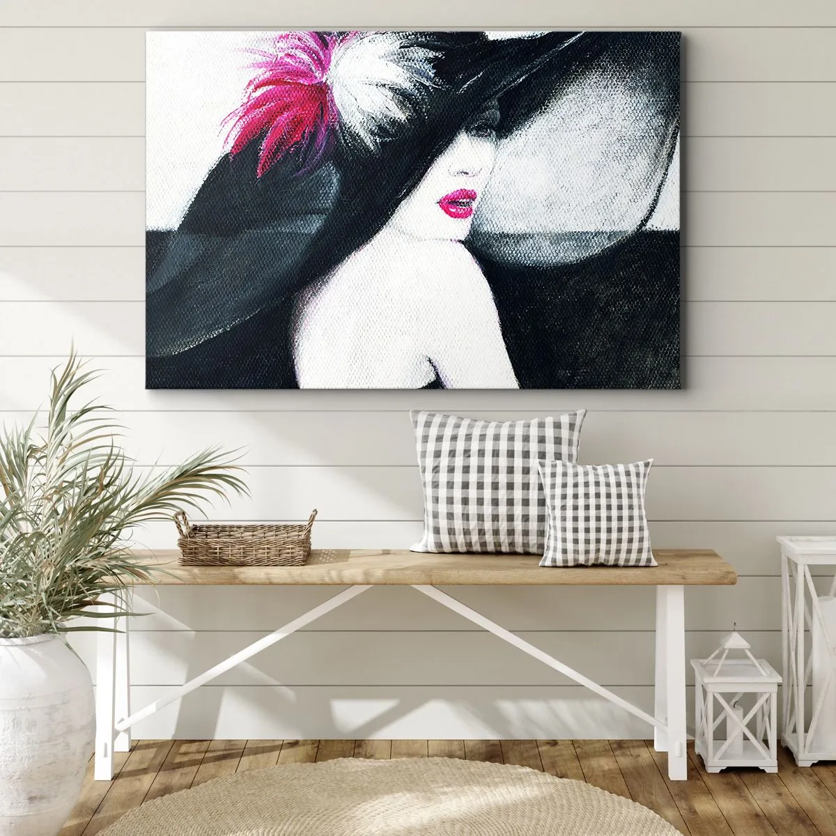 Impression sur toile - Image sur toile - Femme élégante avec un chapeau à plumes - 70x50cm - Toujours un secret - Décoration murale moderne pour le salon et la chambre ARTTOR