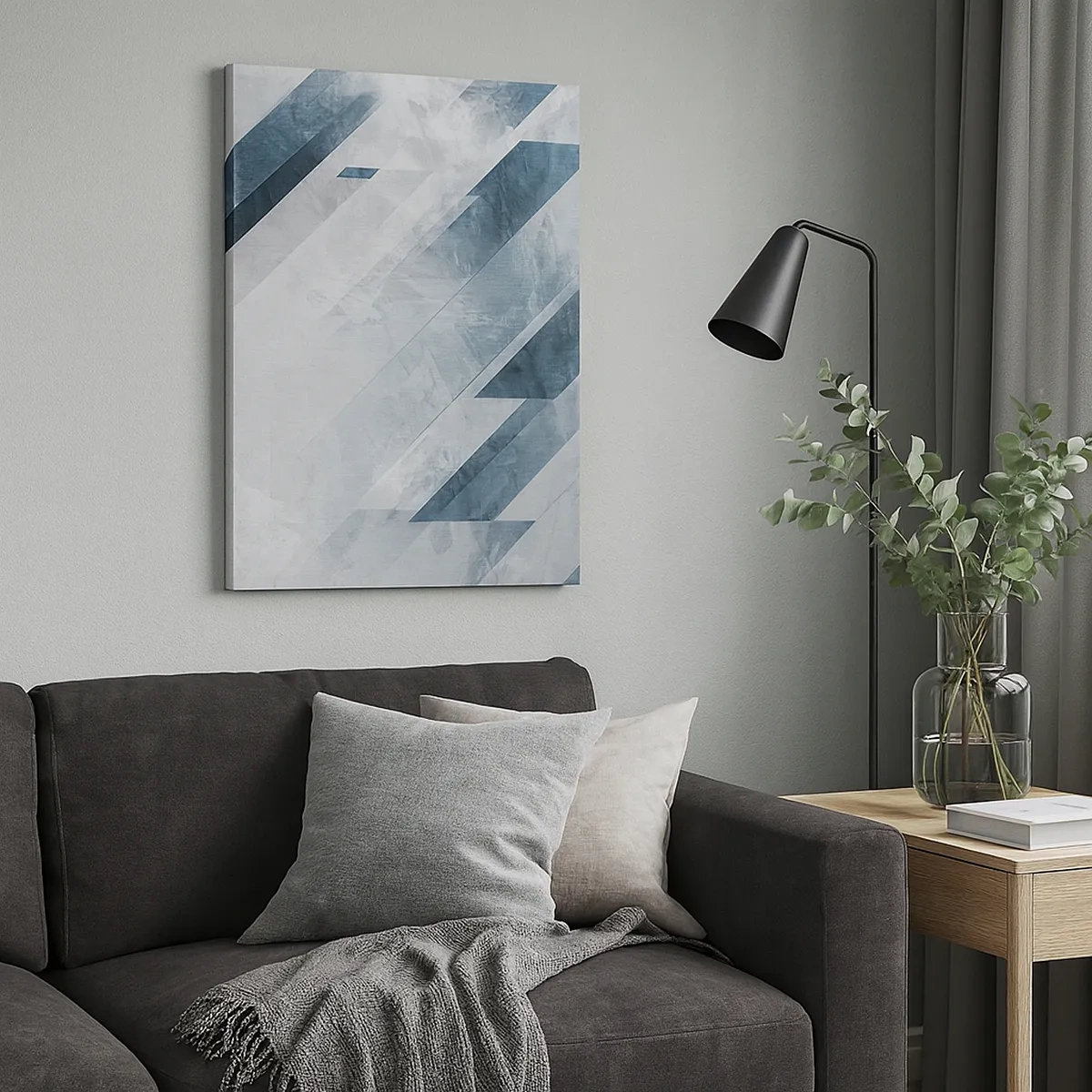 Impression sur toile - Image sur toile - Lignes abstraites dans des tons de gris et de bleu - 50x70cm - Composition spatiale - mouvement gris - Décoration murale moderne pour le salon et la chambre ARTTOR