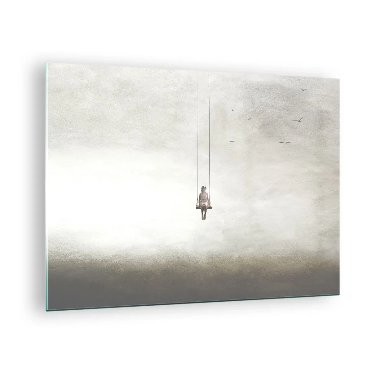 Impression sur verre - Image sur verre - Une silhouette sur une balançoire suspendue dans le ciel - 70x50cm - Enfant en nous - Décoration murale moderne pour le salon et la chambre ARTTOR