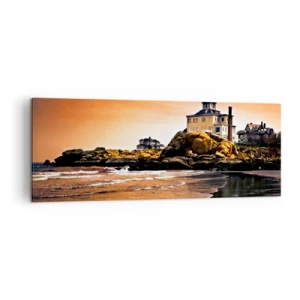 Impression sur toile - Image sur toile - Une maison sur un rocher près de la plage au coucher du soleil avec son reflet dans l'eau - 140x50cm - L'élégance de la côte ouest - Décoration murale moderne pour le salon et la chambre ARTTOR