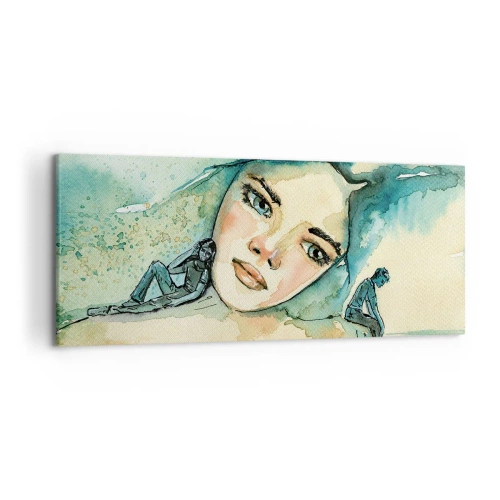 Impression sur toile - Image sur toile - Aquarelle d'un visage de femme avec un motif réfléchissant - 120x50cm - Suis-je bleu? - Décoration murale moderne pour le salon et la chambre ARTTOR