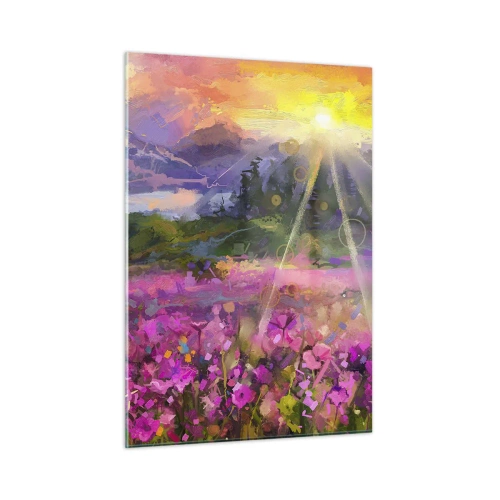 Impression sur verre - Image sur verre - Une vallée pittoresque pleine de fleurs illuminées par les rayons du soleil - 50x70cm - Dans la vallée à l'abri du soleil - Décoration murale moderne pour le salon et la chambre ARTTOR