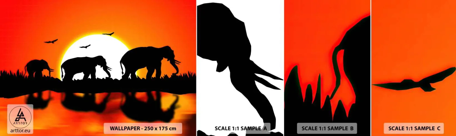 Échantillon De Papier Peint Standard Eco - Et le soir pour un petit verre - Animaux, Afrique, Éléphant - 100x30 cm