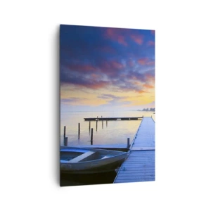Impression sur toile - Image sur toile - Une jetée au bord du lac au coucher du soleil avec un bateau sur le rivage - 80x120cm - Calme violet-doré - Décoration murale moderne pour le salon et la chambre ARTTOR
