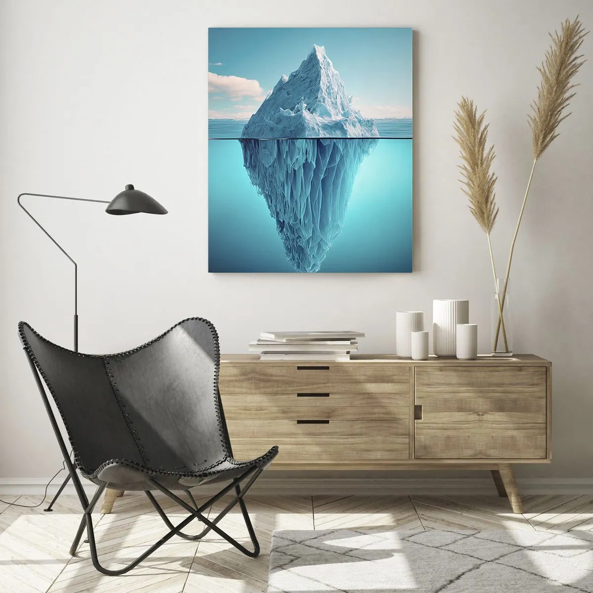 Impression sur verre - Image sur verre - Un iceberg visible au-dessus et au-dessous de la surface de l'eau - 70x100cm - Reine de Glace - Décoration murale moderne pour le salon et la chambre ARTTOR