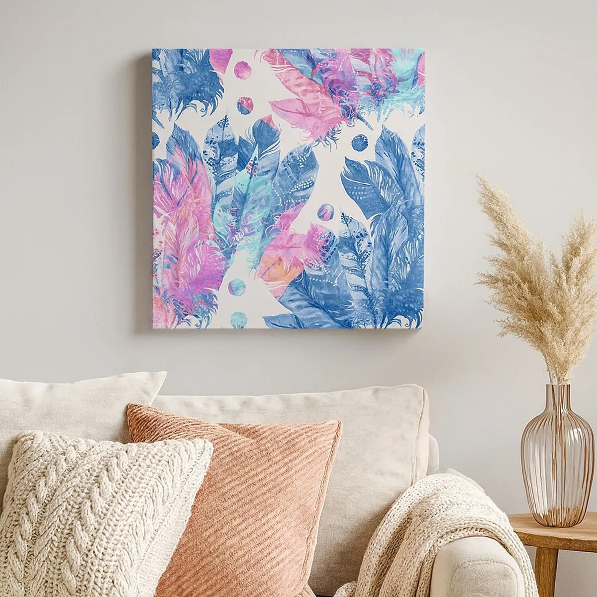 Impression sur toile - Image sur toile - Plumes en rose et bleu - 30x30 cm
