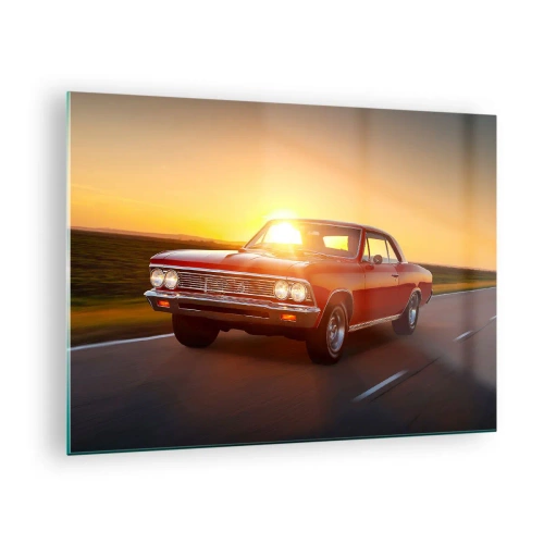 Impression sur verre - Image sur verre - Voiture classique rouge contre le soleil couchant - 70x50cm - Le désir est de couleur rouge - Décoration murale moderne pour le salon et la chambre ARTTOR