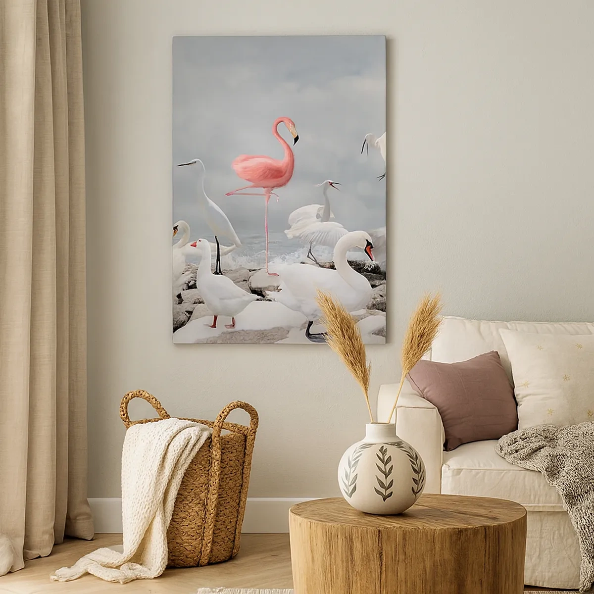 Impression sur toile - Image sur toile - Un flamant rose parmi des cygnes blancs sur fond de lac - 50x70cm - Comment suis-je arrivé là? - Décoration murale moderne pour le salon et la chambre ARTTOR