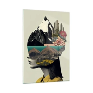 Impression sur verre - Image sur verre - Silhouette d'une femme avec un paysage de montagne et de la flore dans sa tête - 50x70cm - La femme – toujours un mystère - Décoration murale moderne pour le salon et la chambre ARTTOR
