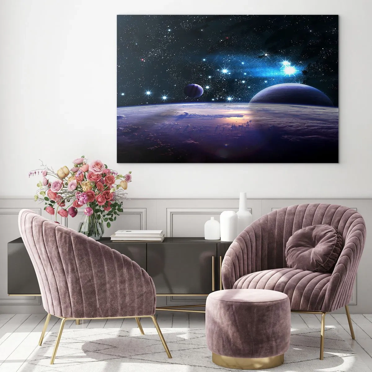 Impression sur verre - Image sur verre - Un paysage spatial avec des planètes et des étoiles sur fond de galaxie. - 70x50cm - Toujours seul? - Décoration murale moderne pour le salon et la chambre ARTTOR