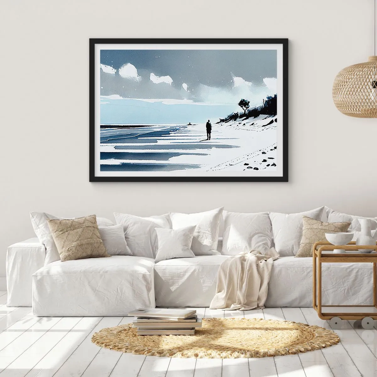 Affiche dans un cadre noir - Poster - Une silhouette solitaire marchant sur une plage déserte - 100x70cm - Seul à seul - Décoration murale moderne pour le salon et la chambre ARTTOR