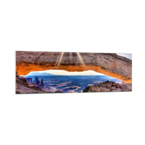 Impression sur verre - Image sur verre - Arche rocheuse surplombant le canyon au lever du soleil - 160x50cm - Par la porte rocheuse - Décoration murale moderne pour le salon et la chambre ARTTOR