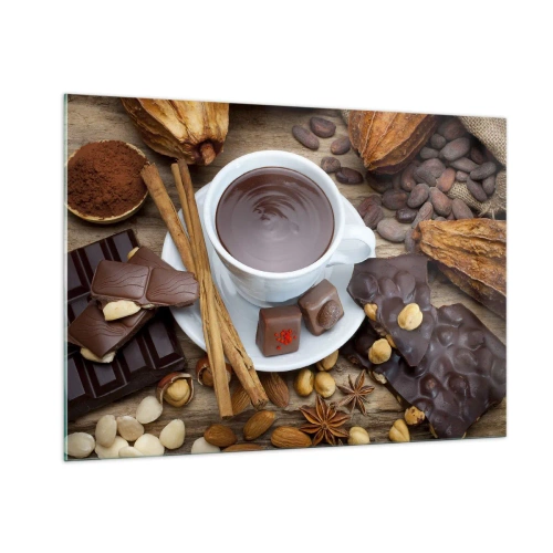 Impression sur verre - Image sur verre - Une tasse de chocolat chaud avec des garnitures sur un fond rustique - 100x70cm - D'une chocolaterie de conte de fées - Décoration murale moderne pour le salon et la chambre ARTTOR