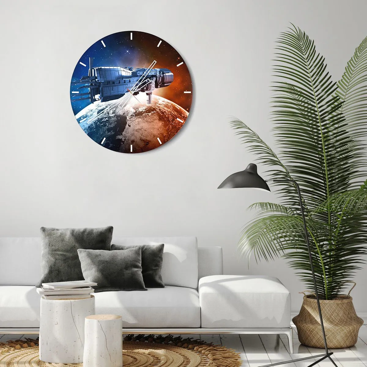 Horloge murale - Pendule murale - Un cadran d'horloge avec un motif de vaisseau spatial planant au-dessus de la Terre - 30x30cm - Un observateur attentif - Décoration murale moderne pour le salon, la cuisine et la chambre ARTTOR