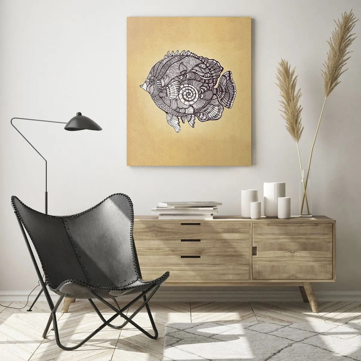 Impression sur verre - Image sur verre - Un poisson de dessin animé avec des ornements sur un fond beige - 50x70cm - D'un océan d'ornements - Décoration murale moderne pour le salon et la chambre ARTTOR