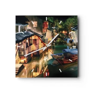 Horloge murale - Pendule murale - Vue nocturne des canaux avec bateaux et maisons traditionnels - 30x30cm - Soirée dans une rue chinoise - Décoration murale moderne pour le salon et la chambre ARTTOR