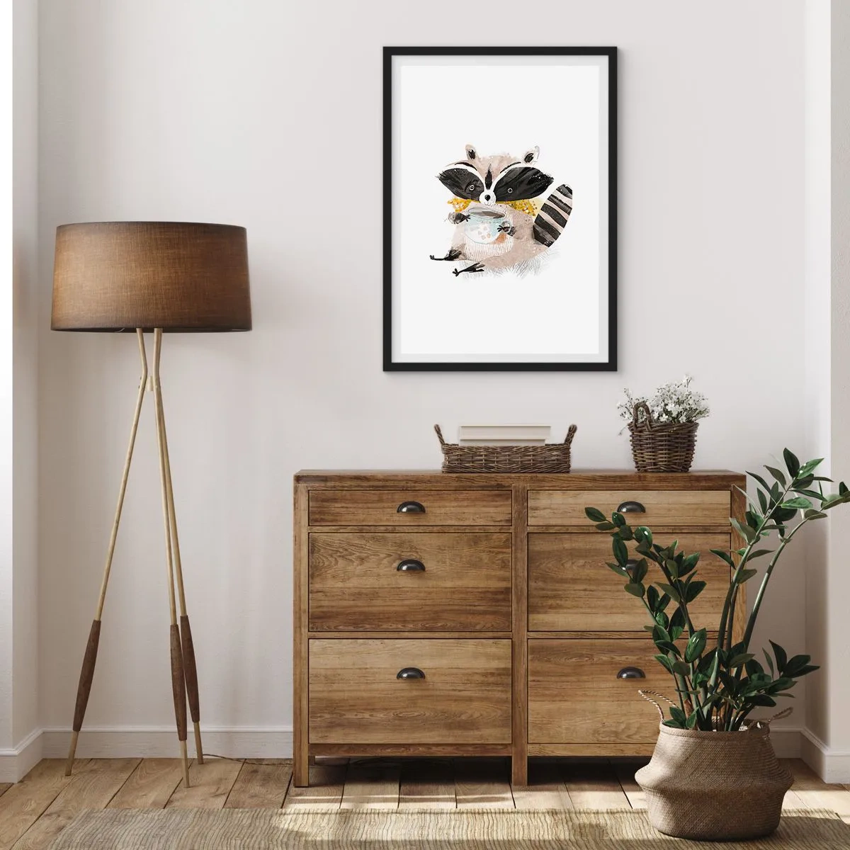Affiche dans un cadre noir - Poster - Un dessin d'un raton laveur portant une écharpe et tenant une tasse de thé. - 50x70cm - Mon ami le raton laveur - Décoration murale moderne pour le salon et la chambre ARTTOR