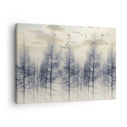 Impression sur toile - Image sur toile - Forêt brumeuse avec des oiseaux contre le ciel du coucher du soleil - 70x50cm - L'âme de la forêt - Décoration murale moderne pour le salon et la chambre ARTTOR